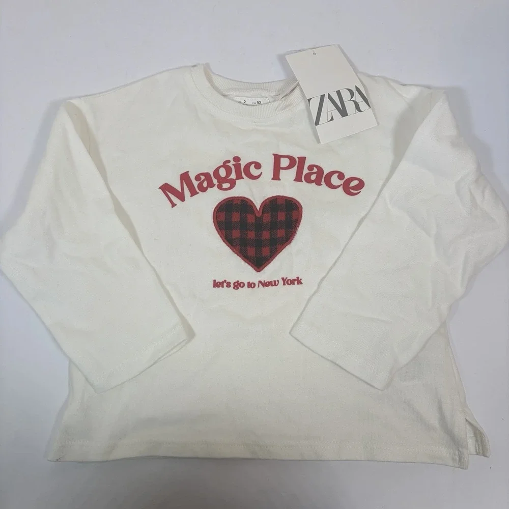 New-Zara Kids 18M Sweatshirt White Heart New York Graphic Crewneck Gingham Magic
